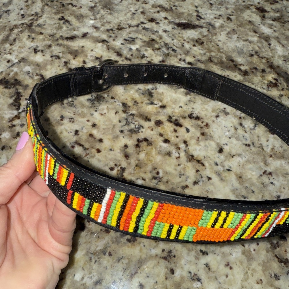 Vintage JLeather Beaded Belt Native American Southwestern Size Small 4477